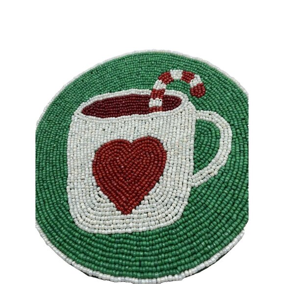 Robert Stanley Beaded Round Trivet Love Heart Mug Candy Cane Holiday 8”x8” - Picture 1 of 8